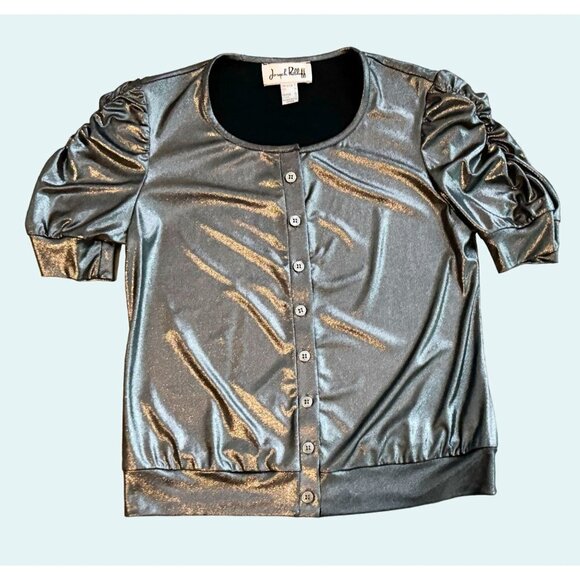 Vintage JOSEPH RIBKOFF Metallic Silver Puff Sleeve 90s 00s Y2K Top Shirt Size Sm - Picture 2 of 8